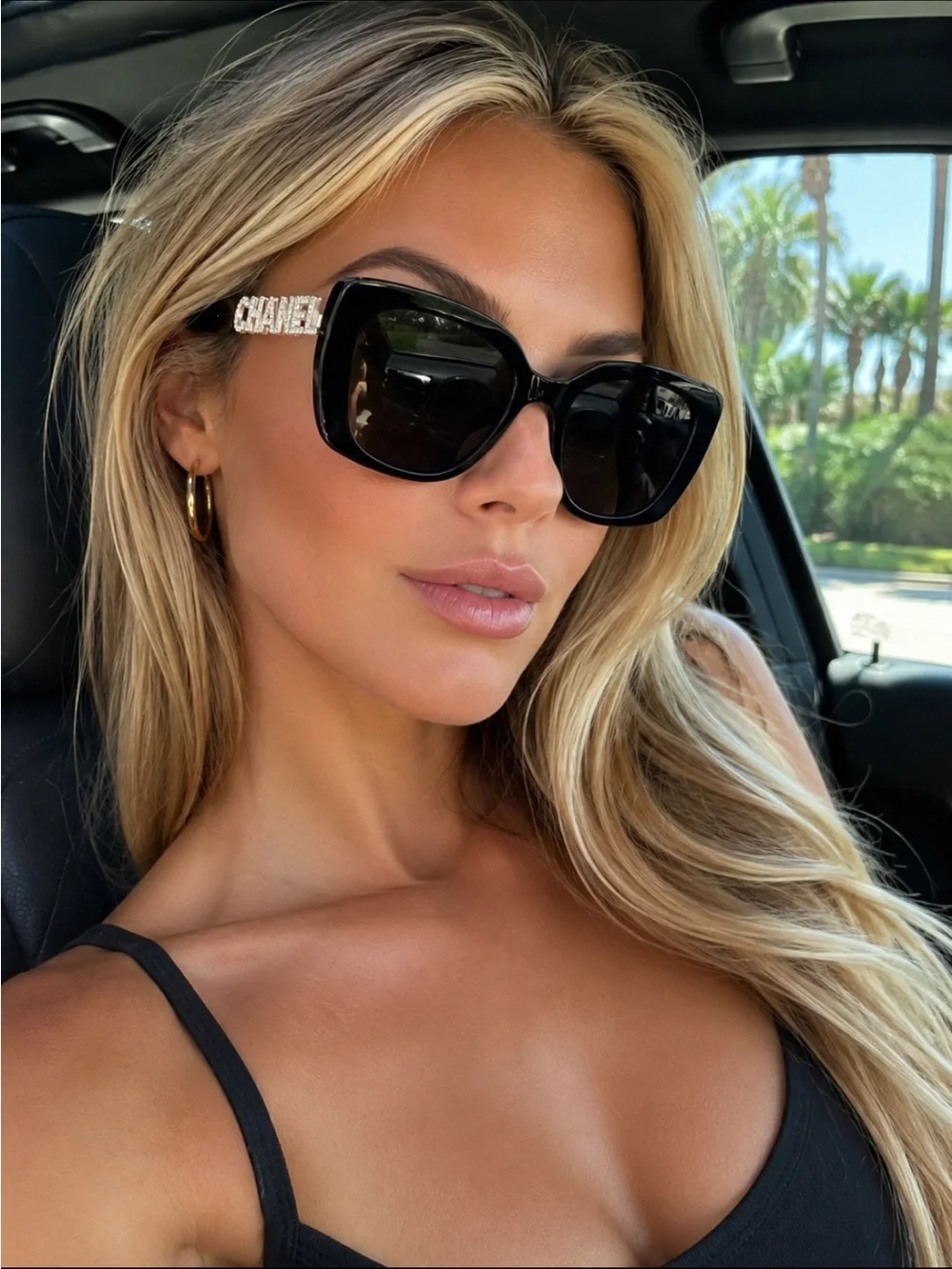 CHANEL Black Oversized Square Sunglasses with Crystal Logo Temples